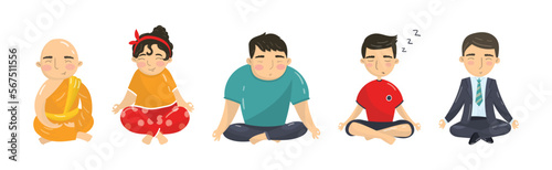 Young Man and Woman Sitting in Lotus Pose and Meditating Vector Illustration Set