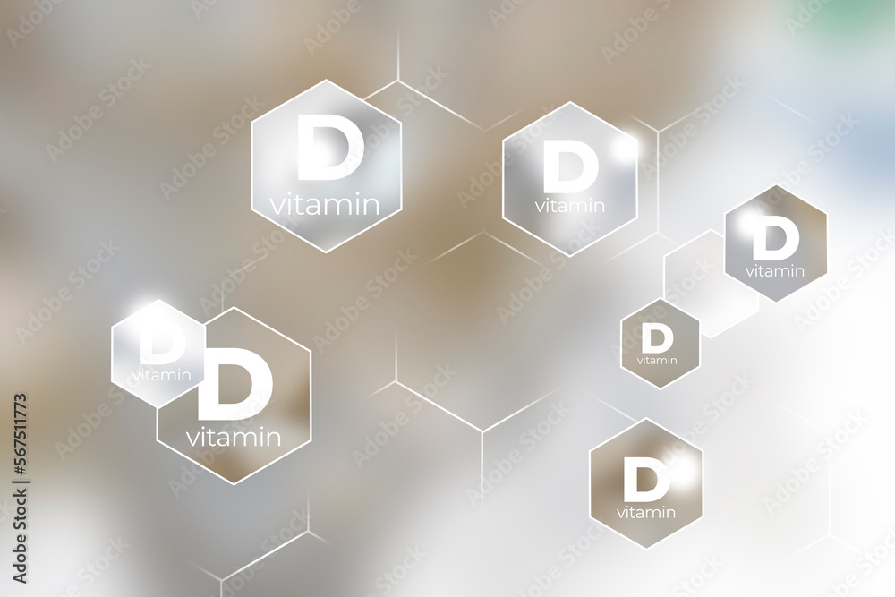  Immunity protection concept, vitamin D. Hexagons with Vitamin D name, blurry marble background.