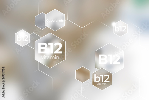 Molecular model of vitamin B12. Hexagons with Vitamin B12 name, blurry marble background.