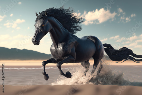 A savage black horse with white legs galloping on the landscape beach, art illustration 
