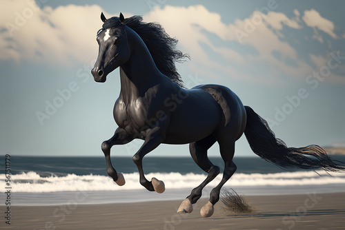 A savage black horse with white legs galloping on the landscape beach  art illustration 