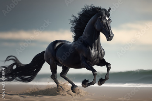 A savage black horse with white legs galloping on the landscape beach  art illustration 