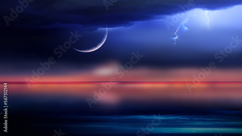 Starry sky and big moon  at sea  blue cloudy sky and city light  reflection on water wave seascape  holiday leisure travel background
