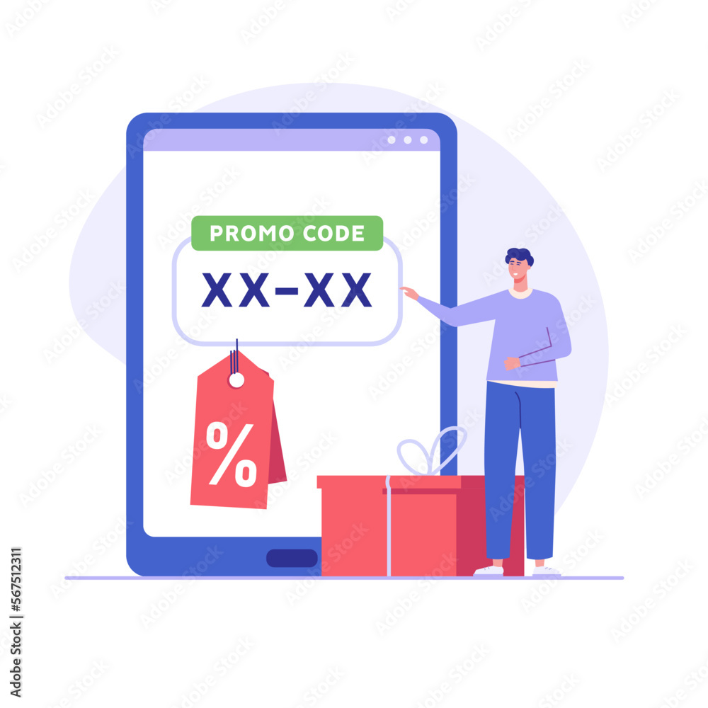 Man gets a discount using a promo code. Concept of promo code, loyal program, sales funnel, bargain, coupons, reward program, online gift purchase. Vector illustration in flat design Man gets a discount using a promo code. Concept of promo code, loyal program, sales funnel, bargain, coupons, reward program, online gift purchase. Vector illustration in flat design