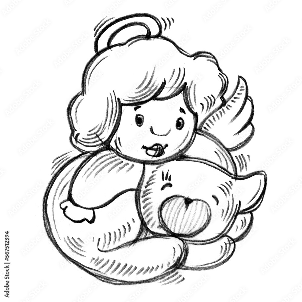 Obraz premium Angel, heart. Graphic black and white isolated drawing. Handmade work. Decoration for Valentine's Day. Love, wedding. Print for children.Religion, character.Angel, pet