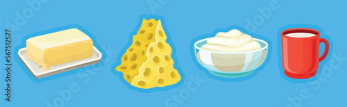 Different Dairy Product with Butter, Cheese and Milk in Mug on Blue Background Vector Illustration Set