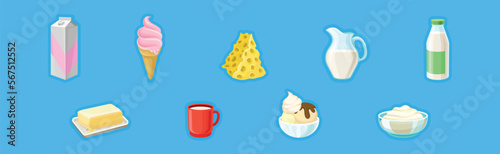 Different Dairy Product with Milk and Ice Cream on Blue Background Vector Illustration Set