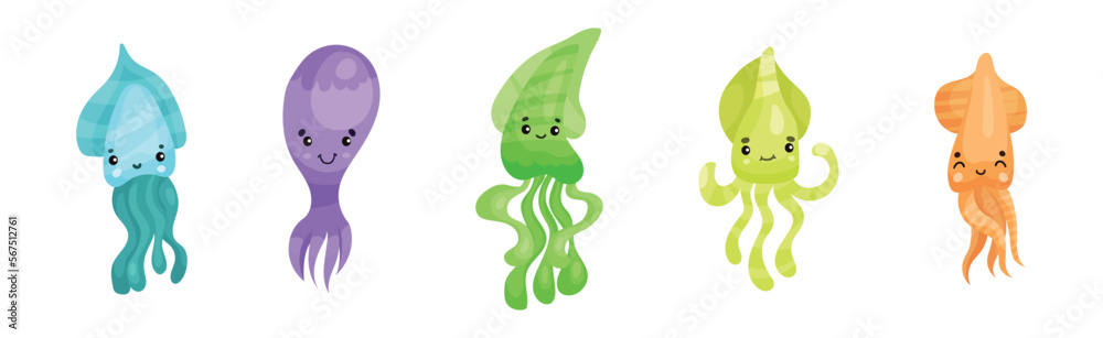 Fototapeta premium Adorable Jellyfish and Squid Characters Isolated on White Background Vector Set