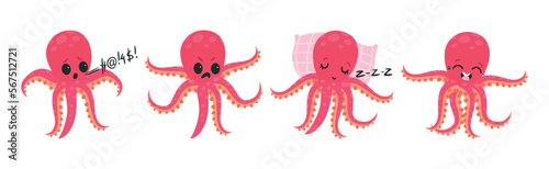 Pink Octopus with Tentacles Showing Different Emotions and Mood Vector Set