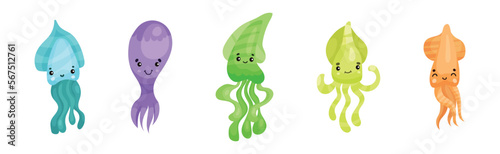 Adorable Jellyfish and Squid Characters Isolated on White Background Vector Set