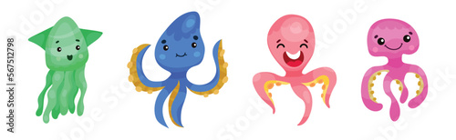 Adorable Jellyfish and Squid Characters Isolated on White Background Vector Set