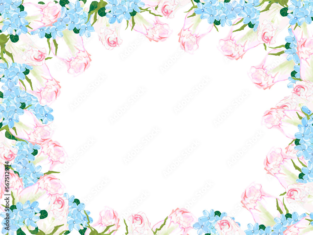 カードに使える花のフレームシリーズピンクのバラと青い小花サークル