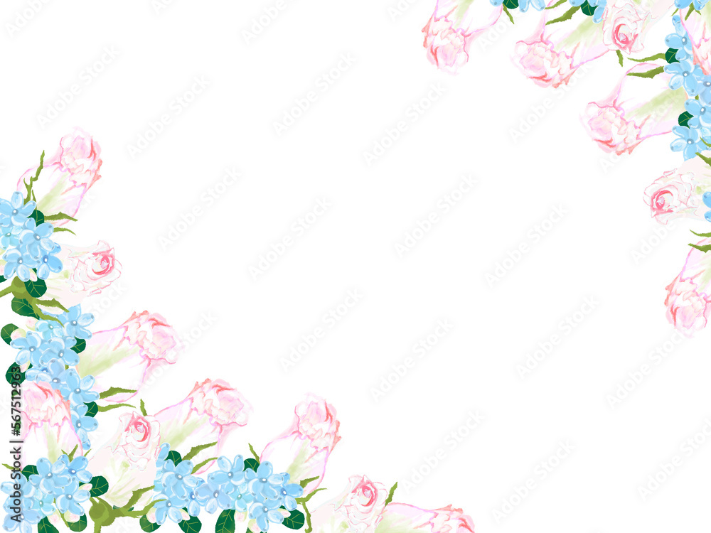 カードに使える花のフレームシリーズピンクのバラと青い小花左下右上角