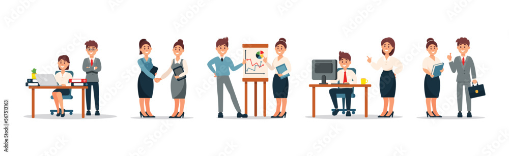 Man and Woman Office Worker and Employee Doing Daily Duty Vector Set