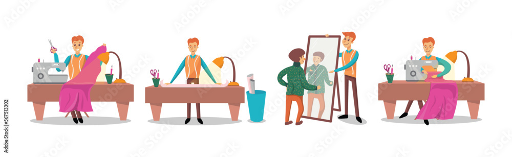 Man Dressmaker or Tailor Sewing for His Customers Vector Set