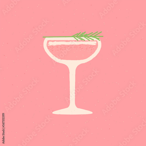 Margarita dessert glass. Flat vector illustration with texture. Cocktail drink glass with rosemary. Pink drink for event and party. Retro minimalist drink poster