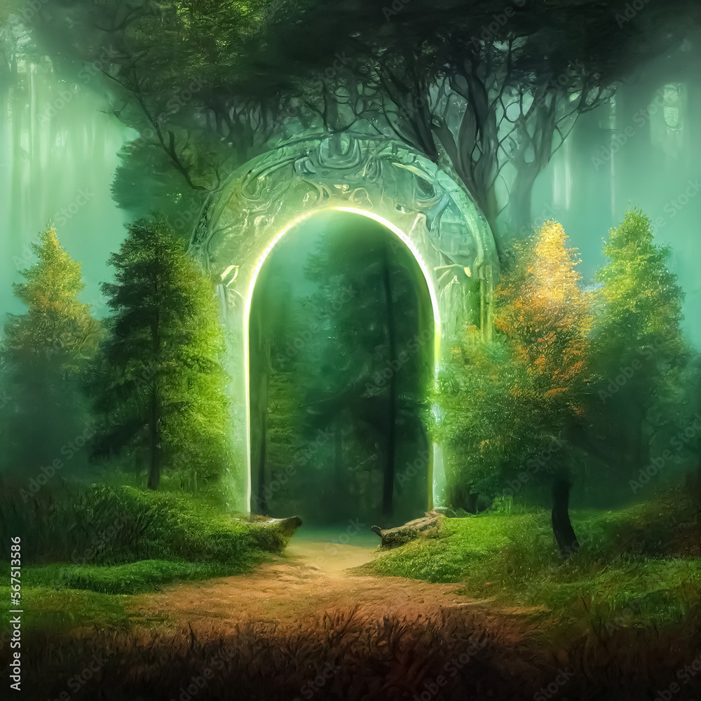 Magic teleport portal in mystic fairy tale forest. Gate to parallel fantasy surreal world. Generative AI.