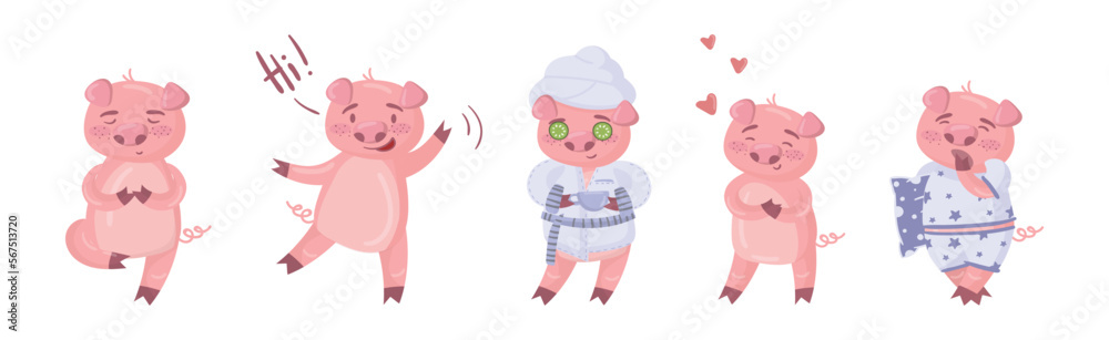 Funny Pig as Hoofed Domestic Animal Doing Different Activity Vector Set