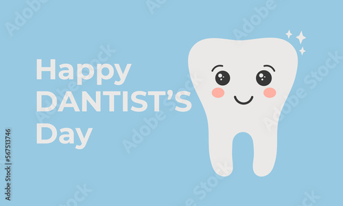 Happy healthy tooth on a blue background. Vector illustration. Concept of children's dentistry. Excellent dental card. Cute character. 