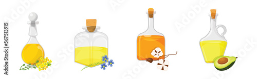 Organic Vegetable Oil Poured in Glass Jars Vector Set