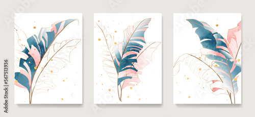 Blue and pink tropical palm leaves with golden line elements in a watercolor style. Botanical art poster set for background design, wallpaper, interior design, print.