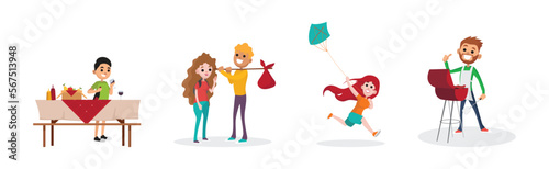 People Character Camping or Having Picnic Outdoor Vector Set