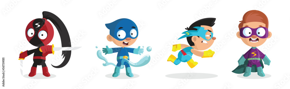 Kid Characters in Bright Superhero Costumes and Masks Vector Set