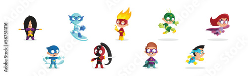 Kid Characters in Bright Superhero Costumes and Masks Vector Set