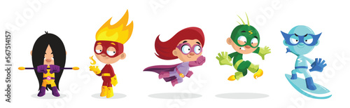 Kid Characters in Bright Superhero Costumes and Masks Vector Set