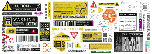 Cyberpunk decals set. Set of vector stickers and labels in futuristic style. Inscriptions and symbols, Japanese hieroglyphs for danger, attention, AI controlled, high voltage, warning.