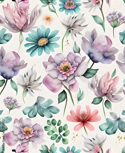 Pastel watercolor flowers pattern, AI-generated image © Anna