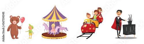 People Characters in Amusement Park or Fun Fair Vector Illustration Set