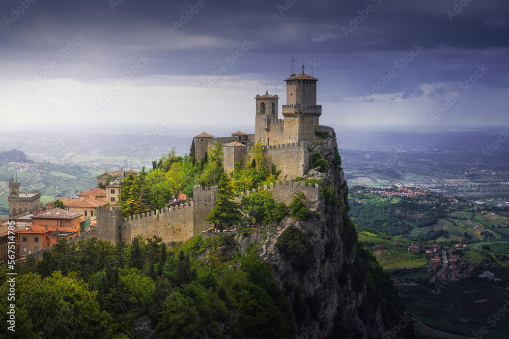 San Marino, Guaita tower on the Titano mount and panoramic view of Romagna