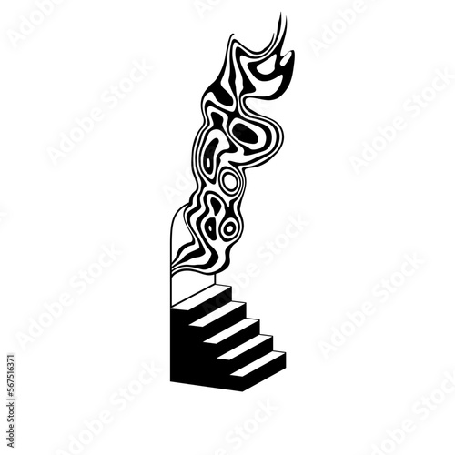 Hypnotic optical vector illustration. Abstract multidimensional waves flowing through the portal on top of the stairs.