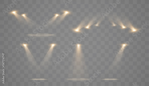 Gold Spotlights Background. Isolated Vector Light Effect With Lights And Beams.