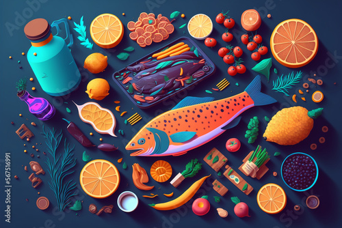 Colorful food ingredients for a cooking recipe - Digital Art, unique illustration concept | Generative AI	