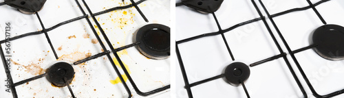 Before and after concept of a clean and dirty white gas kitchen stove.