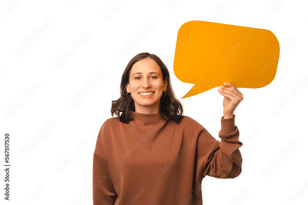 Front view portrait of a smiling woman holding an yellow speach bubble. Front view portrait of a smiling woman holding an yellow speach bubble.