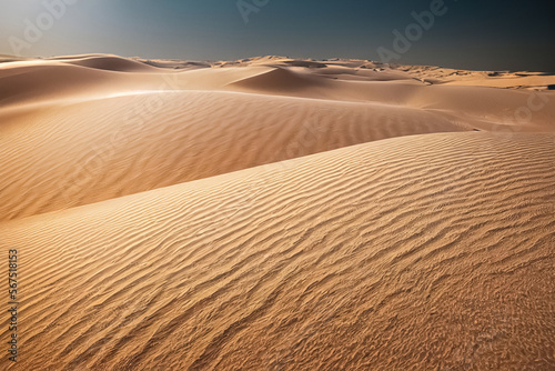Background with realistic sand dunes. Dry hot climate, arid environment concept. Generative AI.