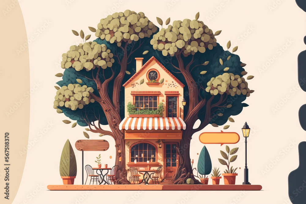 Illustration of a cafe or coffeehouse showing an open board, a tree, and the exterior of a building. Concept for Flat Design. Generative AI Illustration of a cafe or coffeehouse showing an open board, a tree, and the exterior of a building. Concept for Flat Design. Generative AI