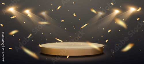 Gold confetti with award podium and spotlights. Winner vector background with confetti.