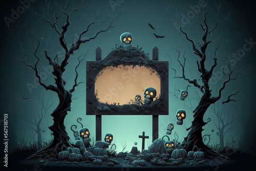 Halloween Card With Wooden Sign Board In Forest Graveyard At Night With Pumpkins And Skeletons. Generative AI