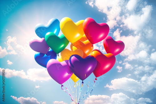 A bunch of heart shaped balloons floating together in a rainbow assortment of colors