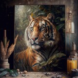 Oil painting of a majestic tiger surrounded by a dense jungle, AI generated
