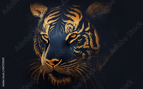 Happy Chinese New Year 2022! Abstract painting of a tiger with gold brushstrokes, isolated on a dark blue background. Generative AI