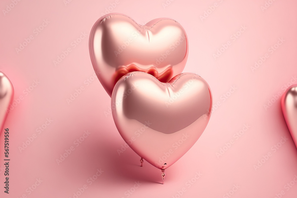 Heart shaped foil air balloons on a light pink background. Love as an idea. festive occasion. Decoration for a bachelorette party, wedding, or Valentine's Day. aluminum balloon. Generative AI