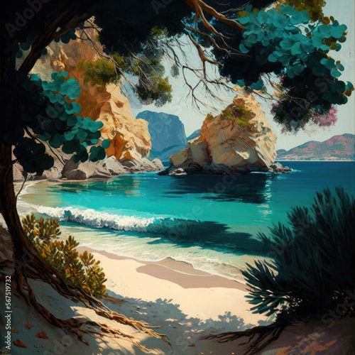 Oil painting of a beautiful sand beach scene with trees and rocks, AI generated
