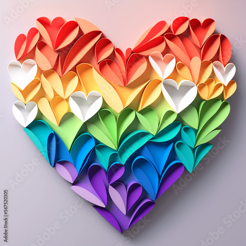 A Rainbow heart design made up of many smaller paper hearts in many colors