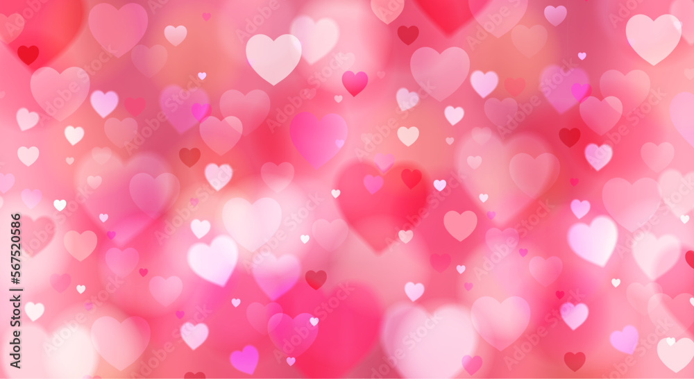Delicate background in pink and warm colors, bright and transparent hearts. Beautiful wallpaper for a banner, great decoration for a romantic holiday.