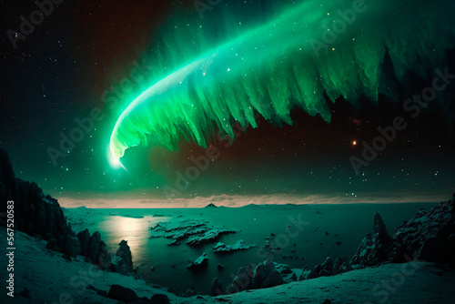 Green comet on top of icy landscape generative AI © AlexandraDaryl